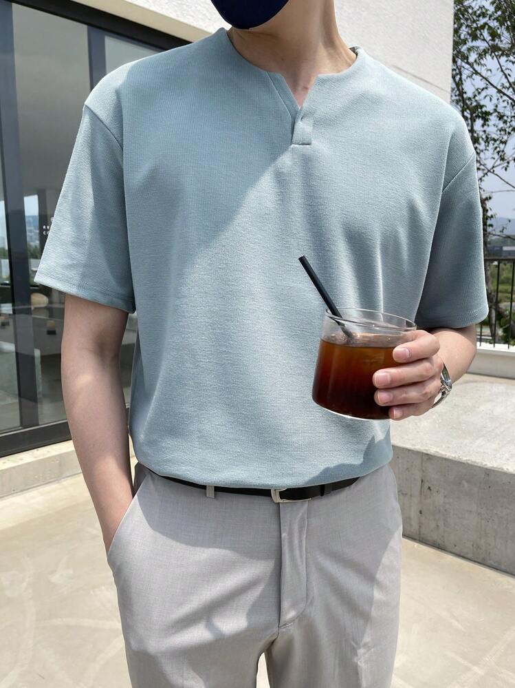 DAZY Camiseta de cuello en pico para hombres, ropa de otoño - Neblina azul - Añade 5