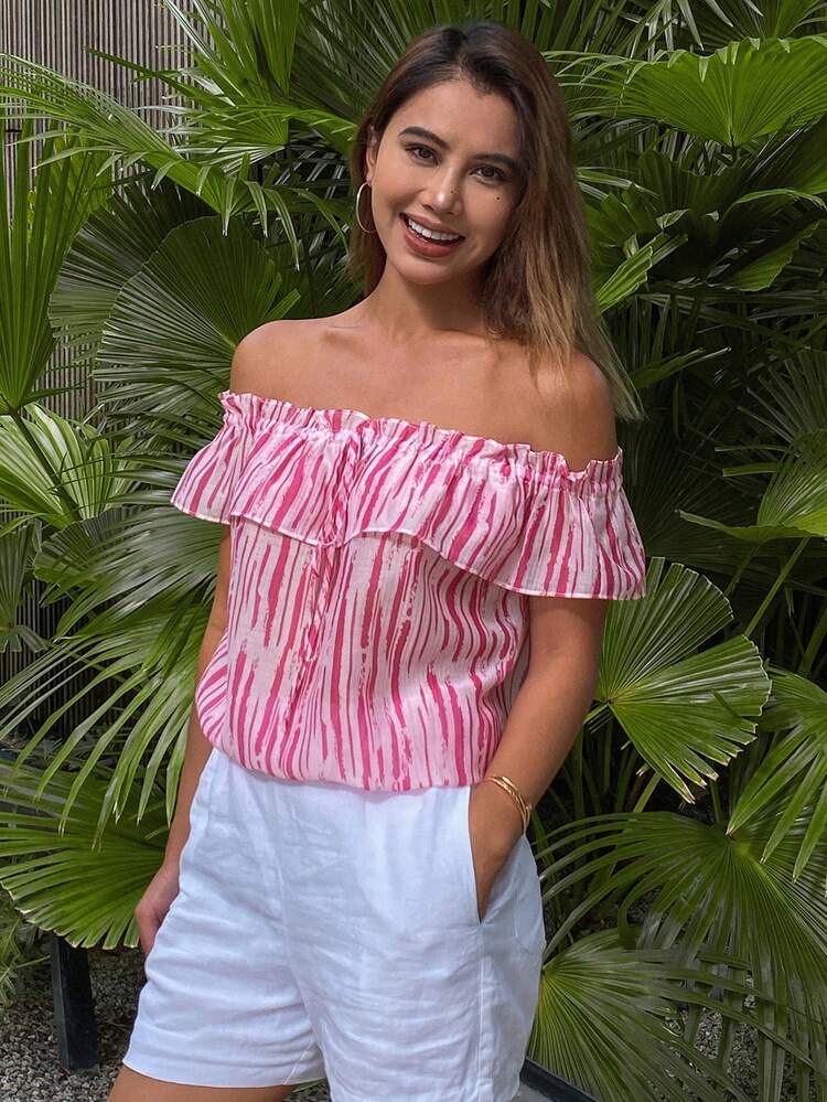 Vacation Beach Tie-Dye Striped Frill Off Shoulder Front Tie Drawstring Short Sleeve Women Blouse Summer Cruise Women Boho