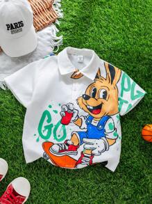 SHEIN Leap Crew 1 件年轻男孩休闲校园风格舒适时尚百搭柔软酷炫街头风格涂鸦鲜艳彩色兔子印花短袖衬衫，适合春夏季、日常、运动、郊游、学校、派对、度假、拍照