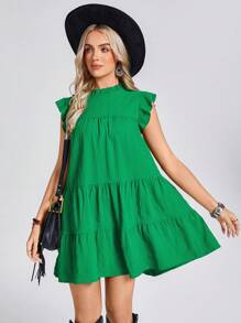 SHEIN LUNE Western Boho Women Short Dresses St Patrick Day Spring/Summer Layered Ruffle Trim Green Women Short Dress - Green - View 1