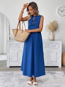 SHEIN LUNE Women's Royal Blue Long Casual Dress With Bowknot,Summer Tropical Vacation Holiday Tea Party Outfit,Boho Spring Break Outfits For Women - Blue - View 6