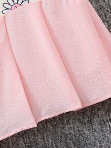 SHEIN Tween Girls' Loose Casual Patchwork Floral Print Round Neck Ruffle Hem T-Shirt - Pink - View 2