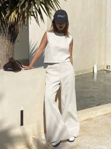 Livesso Women Spring & Summer Casual Vacation Waistcoat Two-Piece Set - Beige - View 3