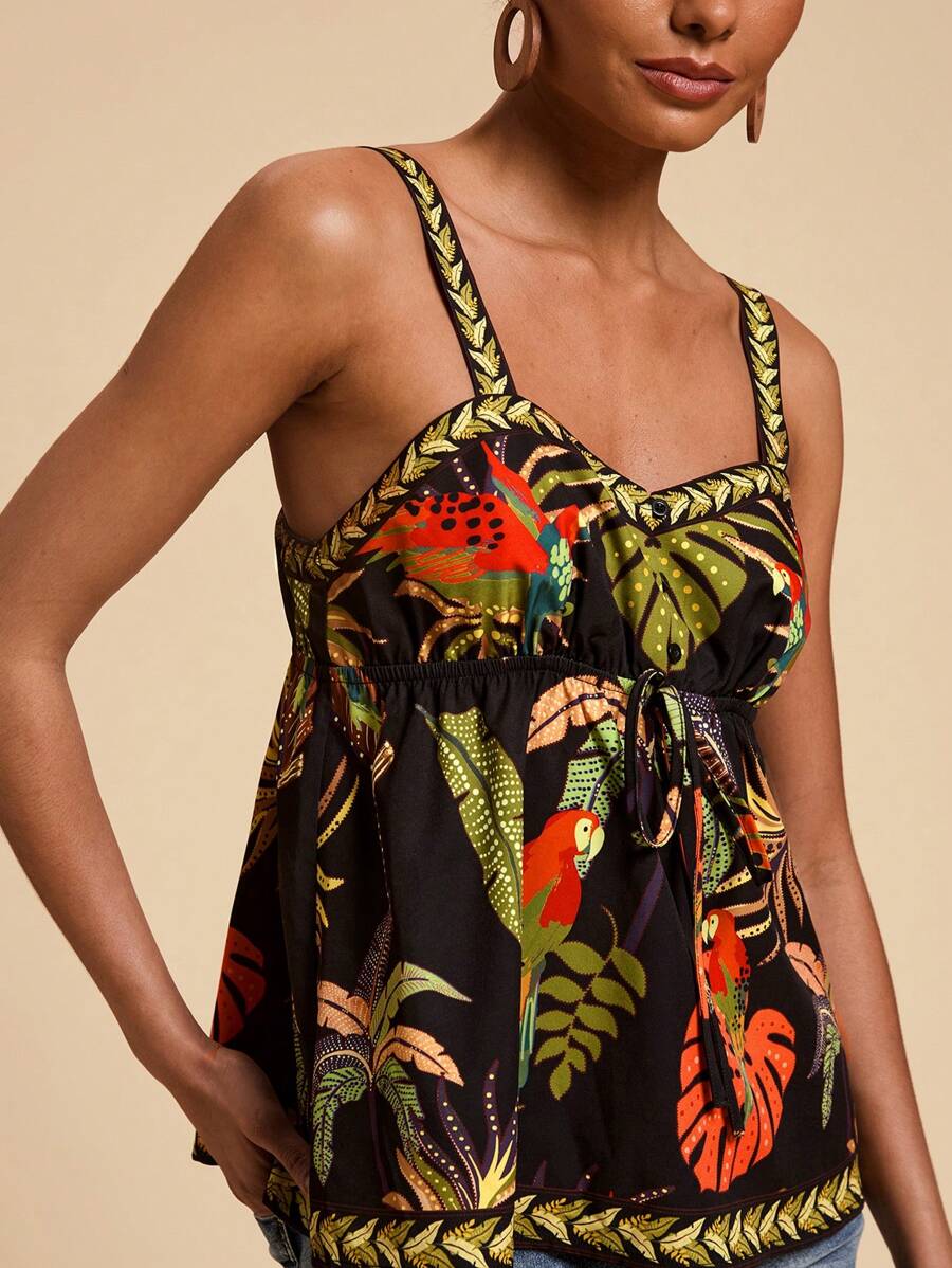 SHEIN TRVLCHIC 女士度假腰带编织热带印花吊带背心 - 黑色 - 查看 1