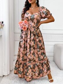 SHEIN Clasi Plus Size Vintage French Floral Rose Print Waisted A-Line Maxi Dress With Puff Sleeves & Ruffle Hem, Summer Easter Wear - Multicolor - View 6