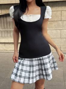 SHEIN Explorewe Teenager Mädchen 2-in-1 Set mit Spitzensaum Quadratkragen Strick Kurzarm T-Shirt und plissiertem Kleid, ideal für Schule, Lässig oder Partys. Diese Kombination zeigt die jugendliche Lebendigkeit und den eleganten, künstlerischen Stil, der perfekt für Teenager Mädchen ist. - Weiss - Übersicht 4