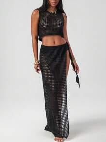 Swim EVENT 女式优雅无袖黑色针织背心和系带前开衩裙两件套海滩度假套装