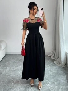 Rafferiza Sexy Embroidered Floral Mesh Patchwork Solid Color Slim Fit Dress, European And American Style - Black - View 1