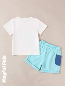 SHEIN 2pcs/Set Young Boy Cute Cat Print Round Neck Short Sleeve T-Shirt And Shorts Set, Suitable For Daily Wear - White - View 2
