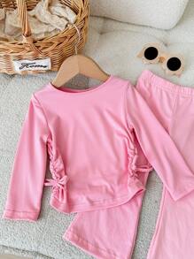 SHEIN Baby Girl Casual Floral Grey Crew Neck Ruched Long Sleeve Fitted Knit Top And Flare Pants Set, Suitable For Home Or Outdoor Wear - Pink - View 5