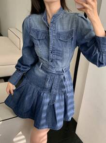DAZY Women Short Pleated Tie-Front Long Sleeve Denim Dress