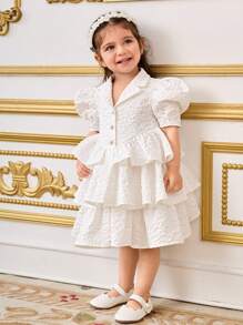 SHEIN Leap Crew Baby Girl Elegant Collared Puff Sleeve Ruffle Hem A-Line Dress - White - View 2