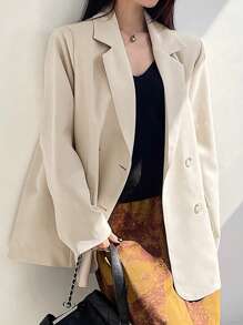 DAZY Women's Casual Office Double-Breasted Loose Blazer Business Attire - Khaki - View 4