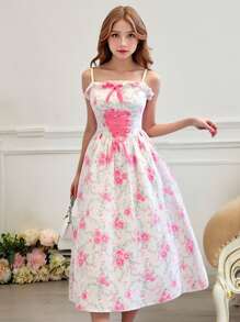 SHEIN Teen Girls' Ditsy Floral Camisole Cinched Waist Dress, Sweet Vacation Country Style, Girls' Princess Clothing Suit For Wedding Season, And Cute Design, Floral/Partial Decor - Multicolor - View 1