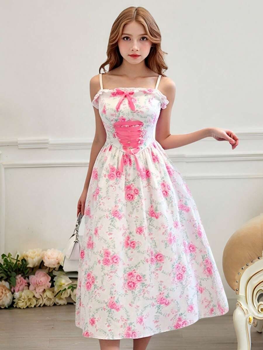 SHEIN Teen Girls' Ditsy Floral Camisole Cinched Waist Dress, Sweet Vacation Country Style, Girls' Princess Clothing Suit For Wedding Season, And Cute Design, Floral/Partial Decor - Multicolor - View 1