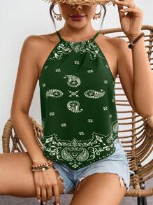 SHEIN VCAY 女士度假印花梭织背心，简约时尚休闲日常穿着，女士夏季装、沙滩装、复活节装、女士海滩装、春假装、度假装、音乐会装、狂欢节装、狂欢装、波西米亚风 - 綠色 - 查看 5