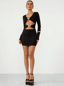 Aveloria Modichic Robe moulante tricotée mini avec décoration métallique de papillon creuse, manches longues, design épousant les courbes pour femmes - Noir - Voir 2