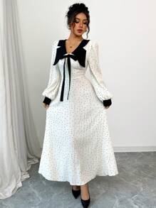 Modelyn 女士混合面料蝴蝶结圆点腰部褶皱 A 字长袖连衣裙 - 杏色 - 查看 3