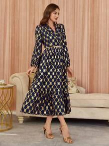 Modelyn Women's Elegant Foil Printing Lantern Sleeve Dress - Navy Blue - View 6