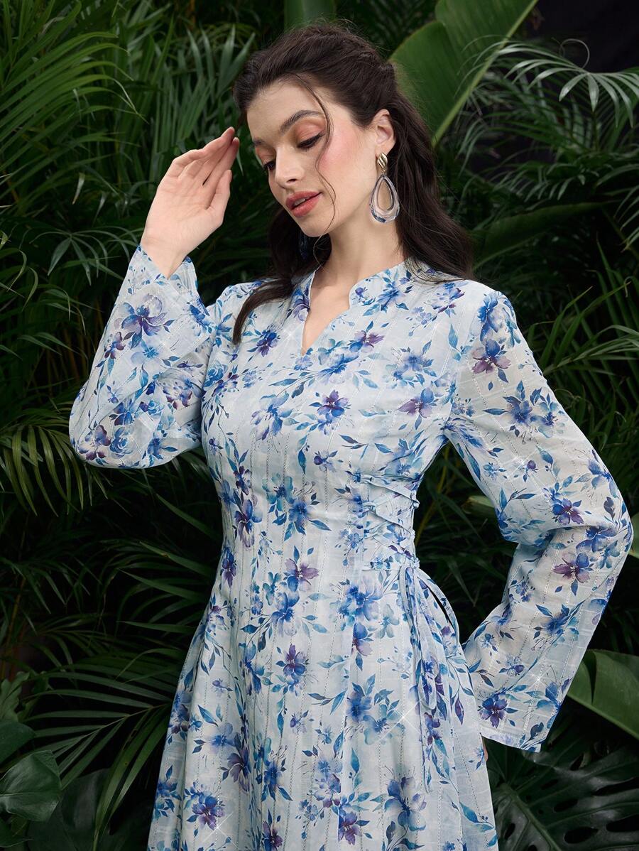 Al Najma 女式 V 领长袖花卉印花休闲阿拉伯连衣裙 - 藍色 - 查看 1