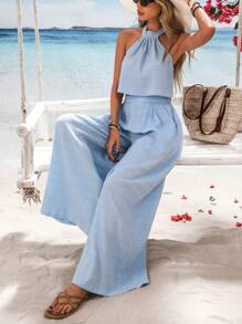 Vivid Eden 2pcs Women's Set: Solid Off Shoulder Crop Top & High Waist Loose Pants, Summer Clothes, Valentine's Day, Vacation Outfits Woman, Beach Outfits For Woman, Festival, Romantic, Bohemian, BOHO, Sweet, Rave Outfits Festival, Tropical Vacation Woman Clothes - Baby Blue - View 1