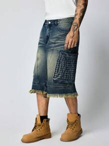 ROMWE MEN Street Life Short en jean décontracté ample avec ourlet brut et poches pour hommes - Bleu azur - Voir 4