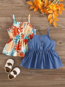 2 件装女婴牛仔效果无袖上衣，带叶子印花和荷叶边下摆，可爱休闲时尚，可搭配牛仔裤、裤子或裙子，夏季新品 - 彩色 - 查看 3