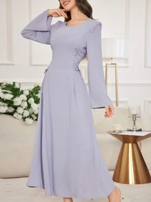 Modelyn Feather Decor Cinched Waist V-Neck Solid Color Elegant Long Sleeve Dress