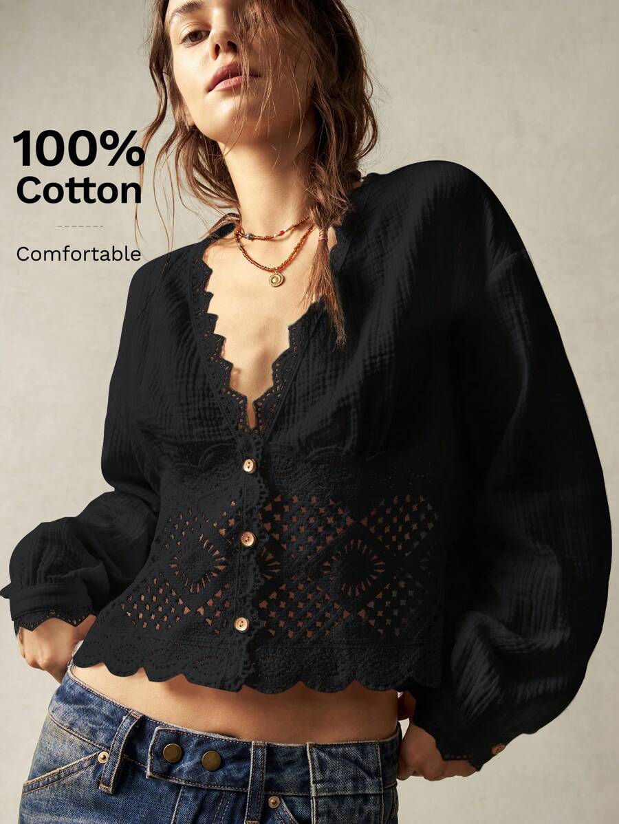 Bohemela Casual Solid Color Woven V-Neck Lantern Sleeve Lace Trim Loose Fit Women Blouse