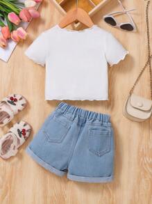 Baby Mädchen 2-teiliges Set: T-Shirt mit Kirschen-Motiv und Schriftzug, Denim Shorts mit elastischem Bund und Kirschenstickerei