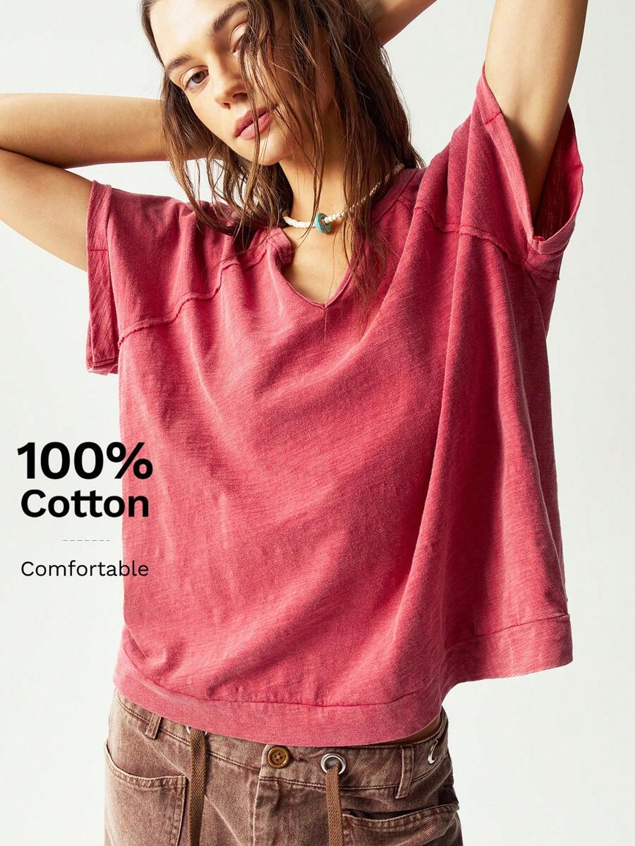 Bohemela 女士纯色 V 领短袖宽松水洗棉质 T 恤，休闲 - 紅色 - 查看 1