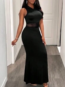 BamGleam Vestido largo y ceñido de mujer sin mangas, con costura de cintura en negro, malla transparente y sexy