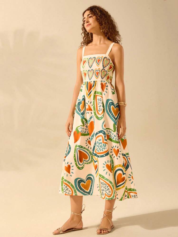 CAJUNI 女士彩色心形印花、波西米亚风印花吊带大摆长裙、假日休闲海滩夏季黑色连衣裙 - 白色 - 查看 4