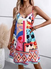 SHEIN LUNE Women's Spaghetti Strap Patchwork Minimalist Casual Short Dress - Multicolor - View 6