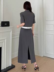DAZY 女士两件套西装 - 撞色拼接短袖外套和半裙套装，秋季商务装 - 深灰色 - 查看 6