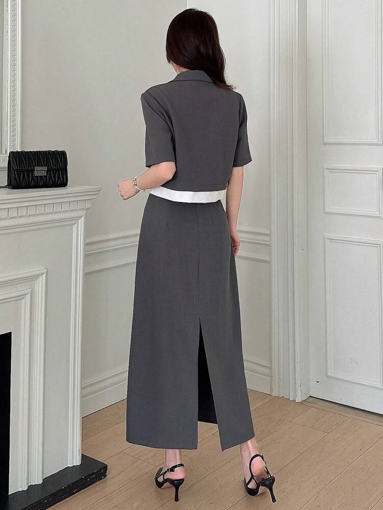 Women's Two-Piece Suit - Contrast Color Splicing Short Sleeve Jacket & Skirt Set,Fall Clothes Business Attire