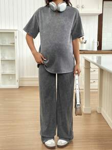 SHEIN Casual Round Neck Short Sleeve Straight Leg Pants Maternity Set, Distressed Washed Relaxed Fit - Dark Grey - View 3