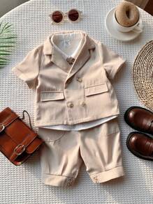 SHEIN Leap Crew 3pcs Baby Boy Outfit Set: Decorated Bowtie Collar Shirt, Elastic Waist Shorts And Notched Collar Short Sleeve Blazer - Apricot - View 8