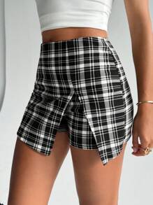 SHEIN Essnce 格紋印花前圍裹裙裤 - 黑與白 - 查看 3