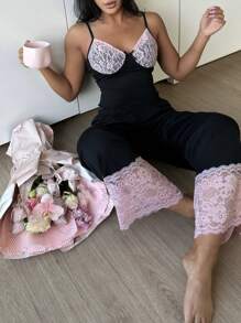 SHEIN Lace Trim Bow Decor Y2K Style Women Pajama Set Holiday Season - Black - View 5