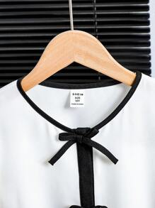 SHEIN Leap Crew Tween Girls' Loose Casual Color Blocking Bowknot Short Sleeve Shirt - White - View 3