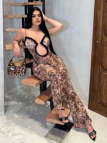 SHEIN SXY Women's Solid Color Splicing Spaghetti Strap Casual Slim Romper,Leopard Print,Club Outfits Women Sexy,Going Out,Gyaru,Spring,Summer - Multicolor - View 3