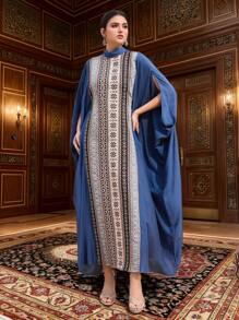 Al Najma Women's Elegant Jacquard Patchwork  Long Turkish Long Dress & Arabic Traditional Long Dress Dress  Arabian Kaftan & Jalabiya - Blue - View 10