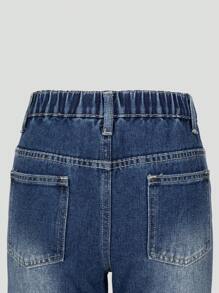 SHEIN Jeans anchos y sueltos lavados con estampado de lazo azul y blanco vintage desgastados para niñas preadolescentes - Azul lavado oscuro - Ver 7