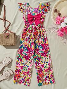 SHEIN Tween Girls Casual Vacation Hollow Back Contrast Color Big Bow Cap Sleeve Ditsy Floral Cinched Waist Romper