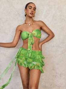 SHEIN Swim Basics Women Sexy Tie-Dye Tie Dye Print Bandeau Bikini Set, For Summer Beach Vacation - Cadet Blue - View 4