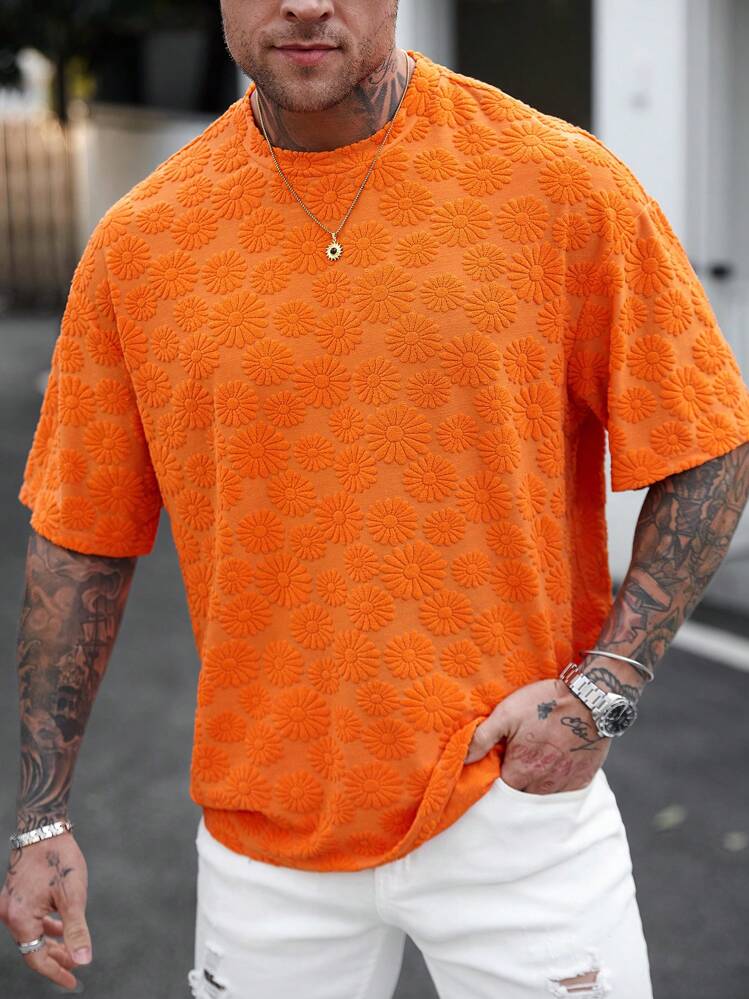 Manfinity Homme Men's Vacation Casual Style INS Round-Neck Short-Sleeve T-Shirt, Perfect For A Hawaiian Beach Vacation, As Well As Music Festivals And Everyday, Making It An Excellent Gift For Boyfriends Or Husbands. Suitable For Pairing In All Four Seasons, Especially Spring And Summer. - Orange - View 4