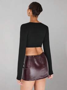SHEIN Unity Black,Autumn,Elegant,Seksi Chic,Club Long Sleeve Crop Top,Stylish Summer Tops For Women,Perfect For Spring Vacation,College Students,Valentine's Day - Black - View 7