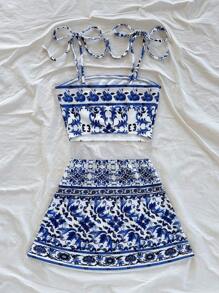 Soleia 2 件套女士蓝白印花针织纹理系带上衣和裙子，适合约会、情人节、下午茶、度假、音乐节、波西米亚风的节日/休闲装 - 藍白色 - 查看 2