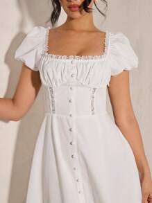 SHEIN BAE Damen vielseitiges elegantes weißes A-Linien Kleid mit quadratischem Kragen und Rüschensaum - Weiss - Übersicht 3